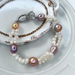 Handmade Freshwater Metallic Edison Pearl Braided Bracelet Crystal Heart Clasp